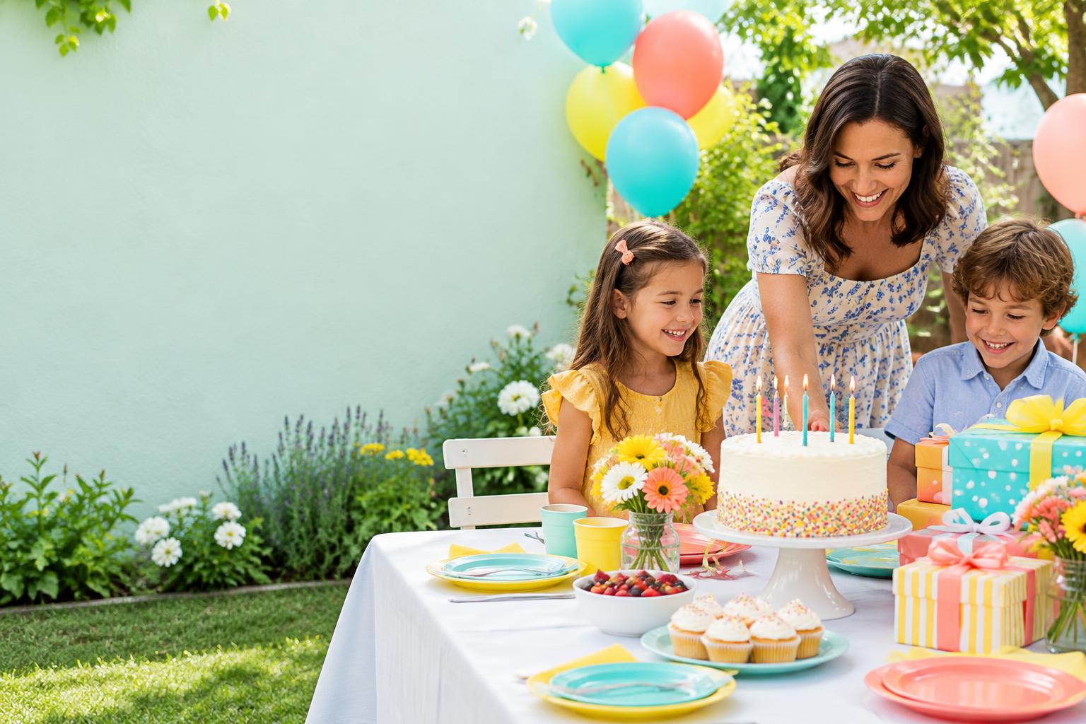 A family celebrating a birthday around a colourful party table